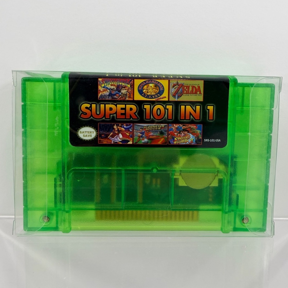 Super 101 in 1 Game Cart SNES Nintendo Battery Save Translucent Green Tested